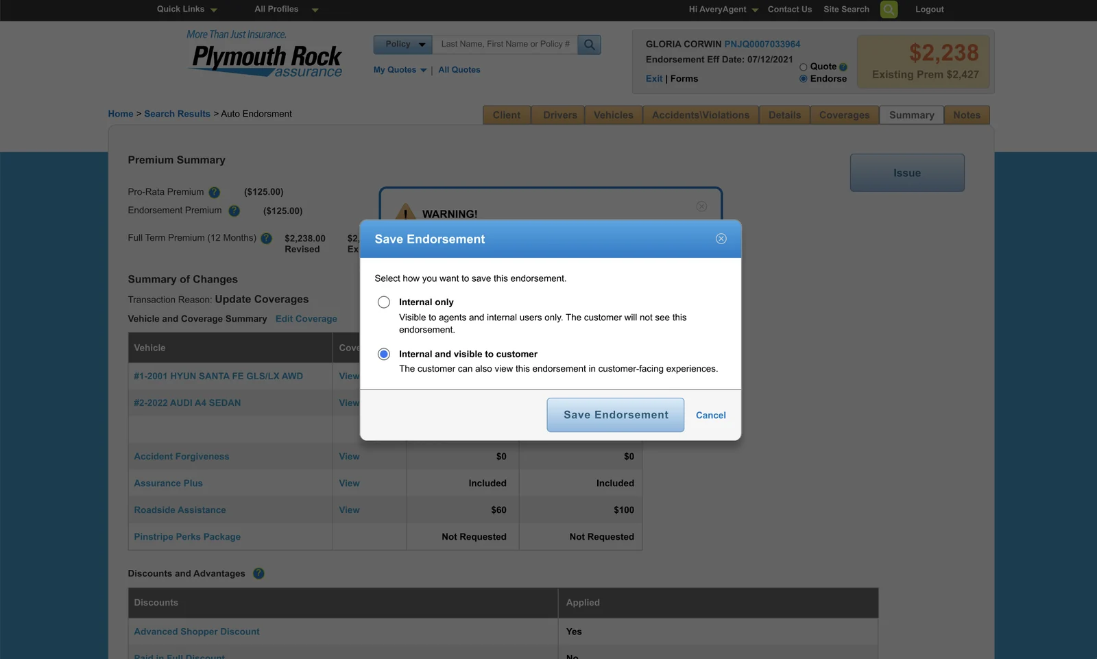 Agent Web Save Endorsement dialog with two options: internal only, or internal and visible to the customer