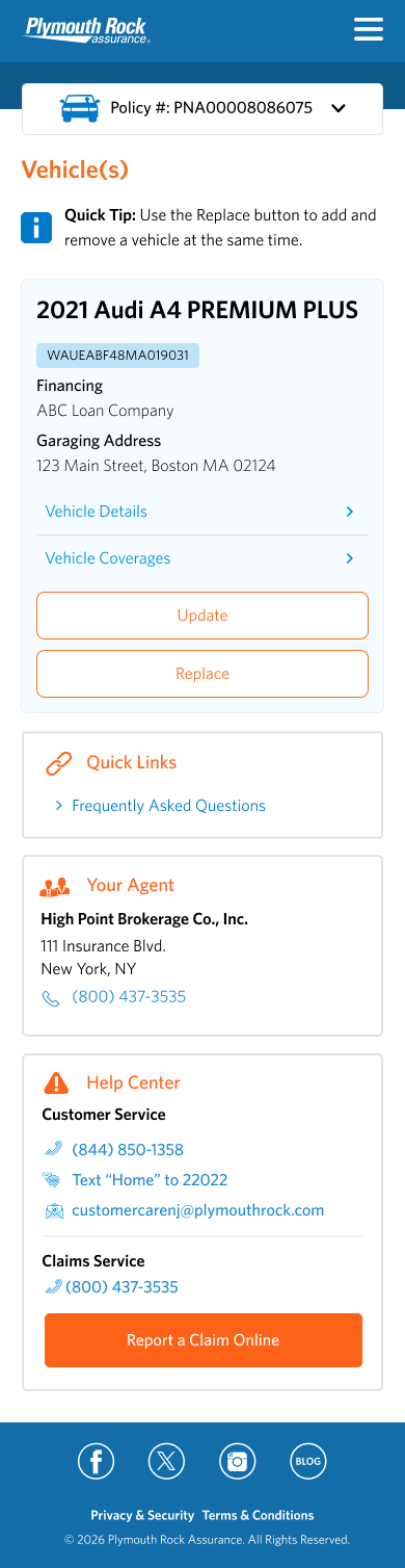 Current Vehicle(s) screen in the mobile app, with Update and Replace buttons