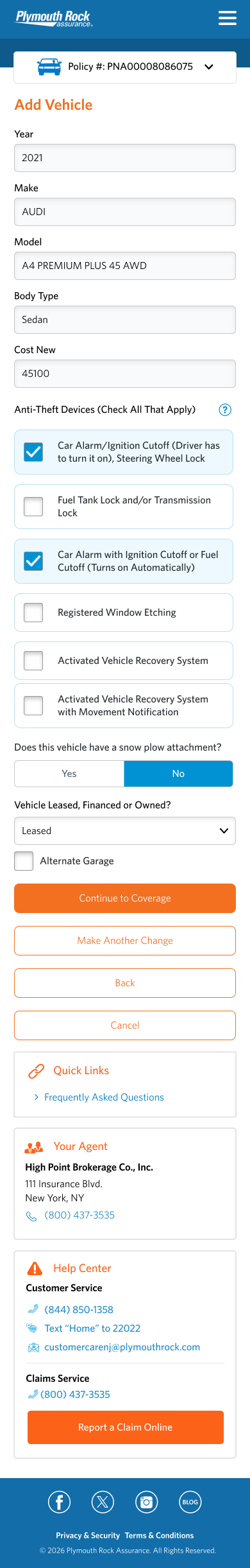 Current Add Vehicle form in the mobile app, with year, make, model, anti-theft, and ownership fields