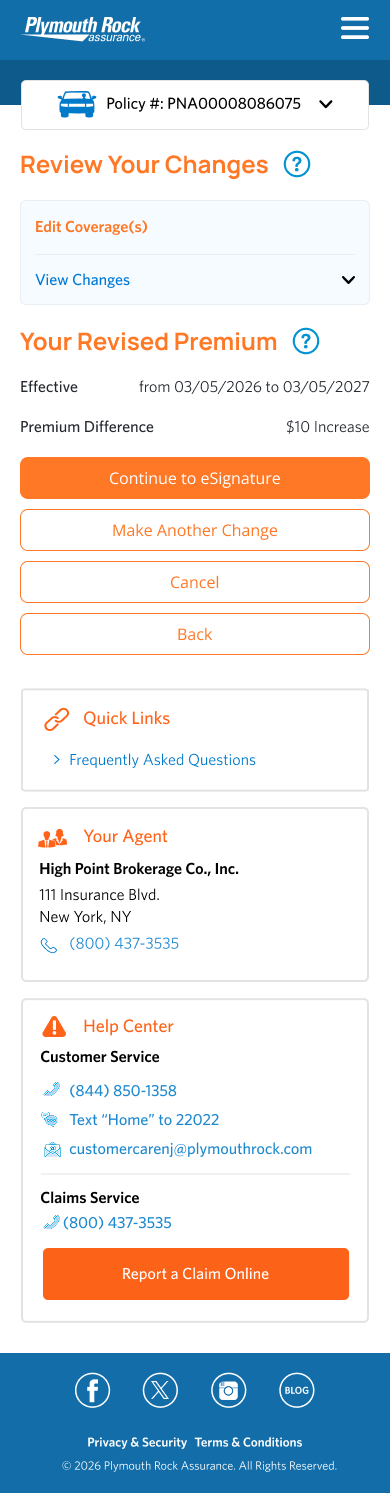 Current Review Your Changes screen showing the revised premium and a Continue to eSignature button